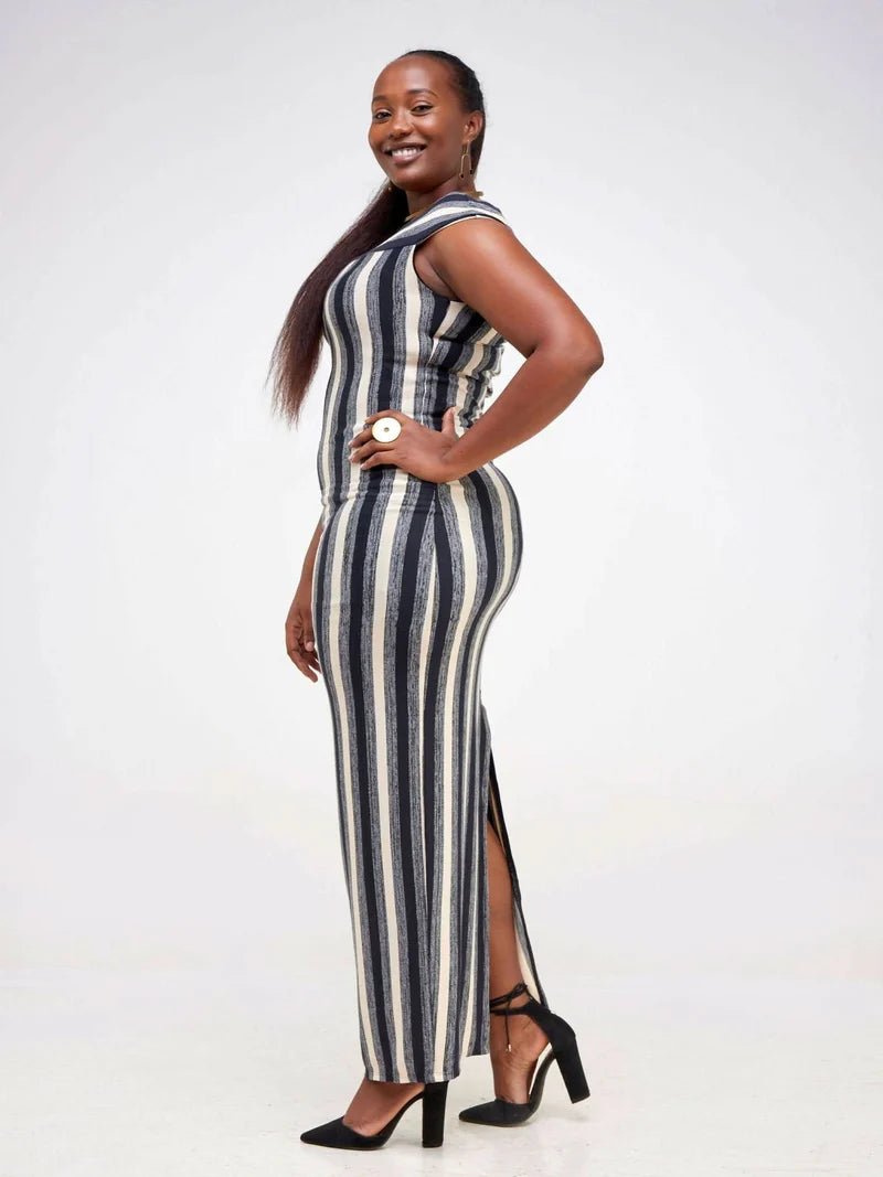 Stripped Off Shoulder Maxi Bodycon Dress - Brown