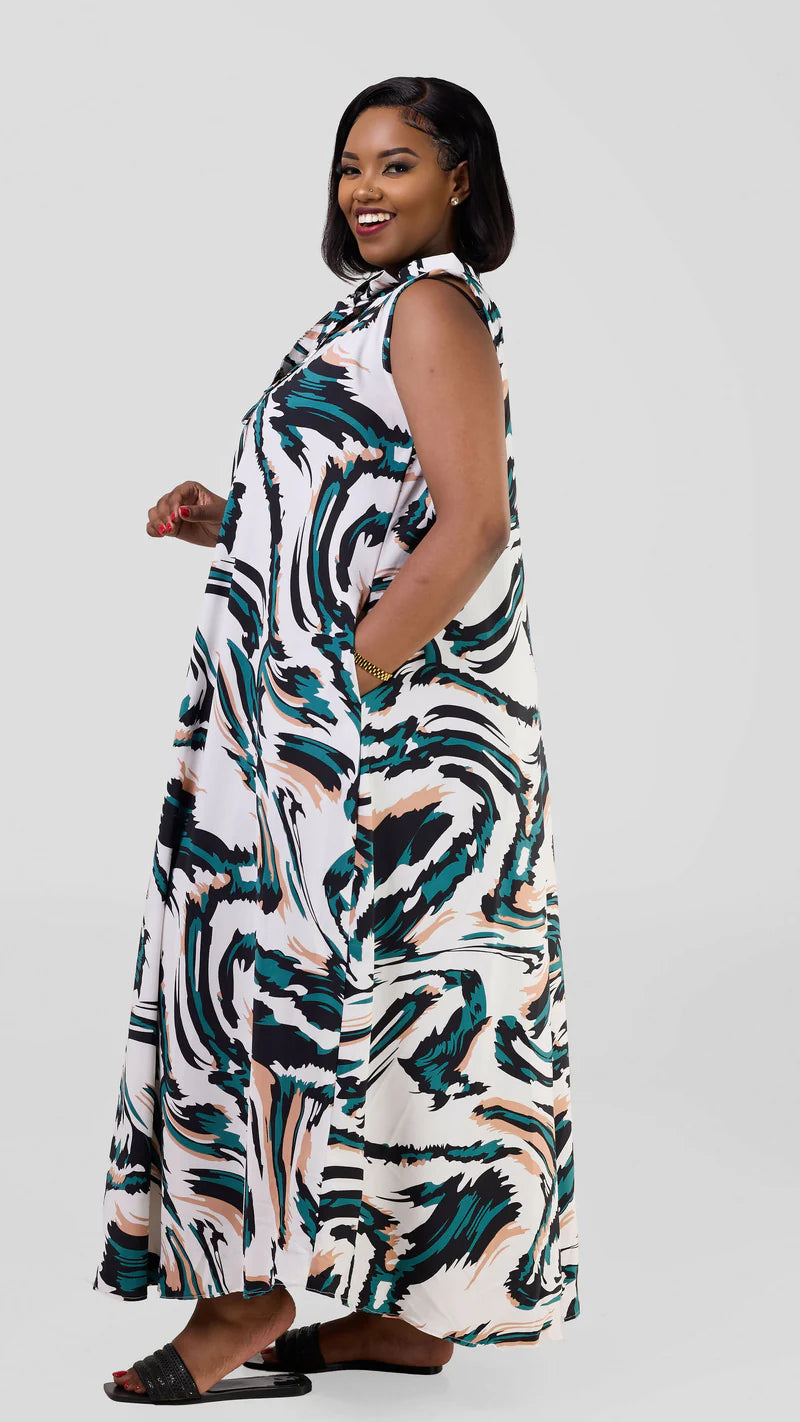 Becky Pussy Bow Dress - White / Green