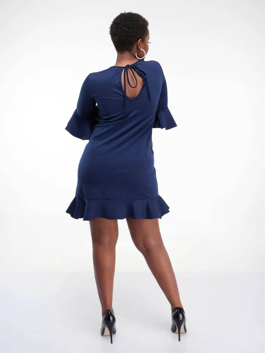 Ruffled Shift Dress - Navy Blue